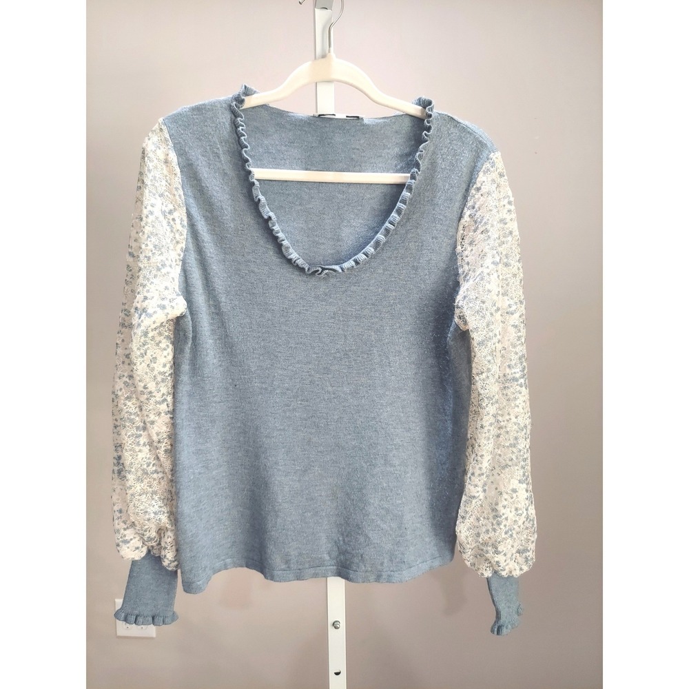 Siani Milano Blue Knit Top Ruffle Neck Floral Lace Balloon Sleeve Women Medium